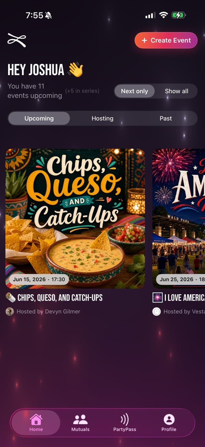 The Luau home screen on iPhone showing upcoming events